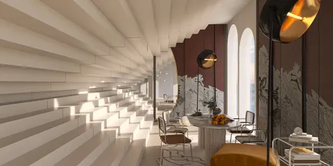 Modern interior design showcasing a series of geometric shapes with a stylish dining area, utilizing Homestyler's real-time 3D rendering to visualize space efficiently.