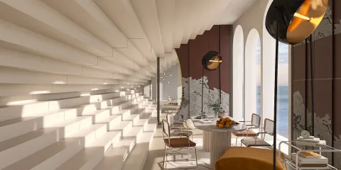 modern dining area showcasing a unique wall design with dynamic shadows and ambient lighting, featuring elegant furniture arrangements to optimize space in a luxurious interior setting using Homestyler's real-time 3D rendering capability.