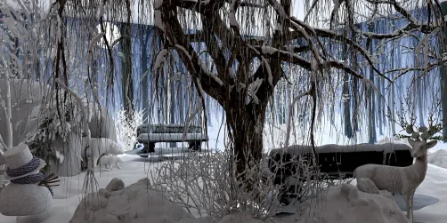 Winter Wonderland with Snow-Covered Tree and Wild