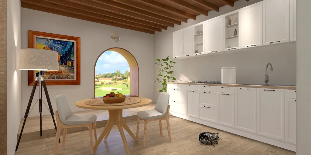 a kitchen with a table and a window 