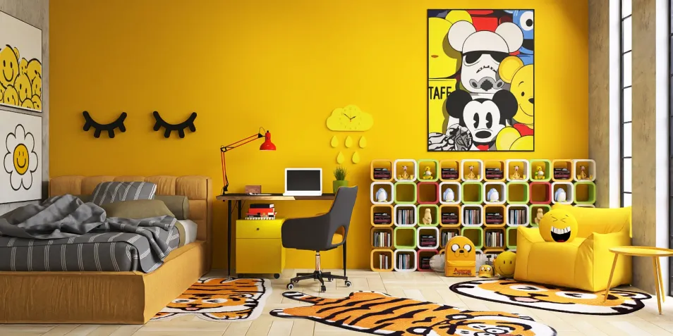 colorful children's bedroom design featuring yellow walls and playful decor, utilizing Homestyler's real-time 3D rendering for an engaging design proposal.