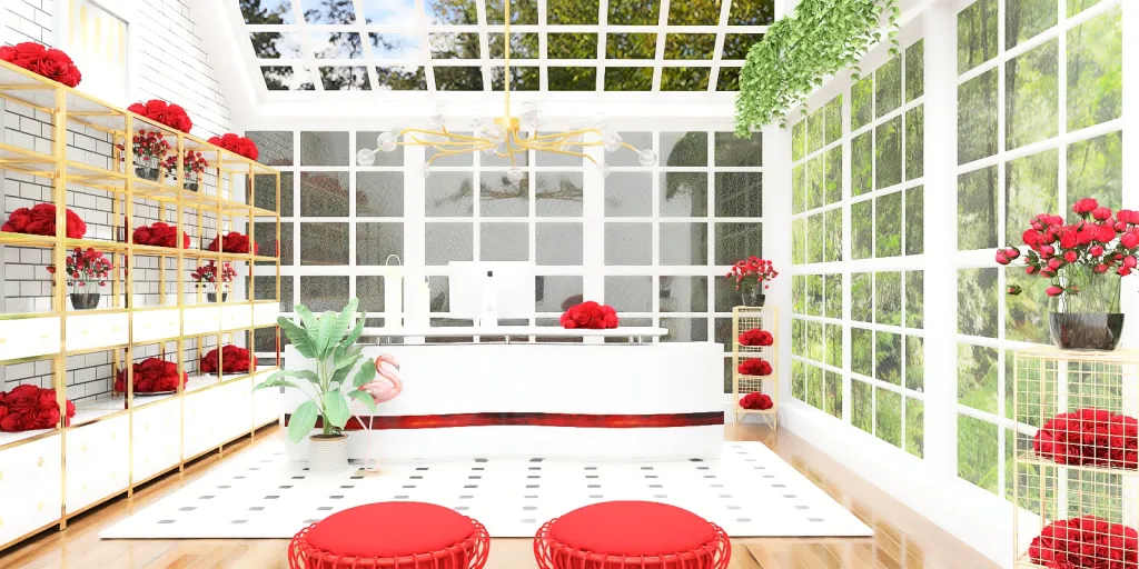 a red table with red roses in front of a window 