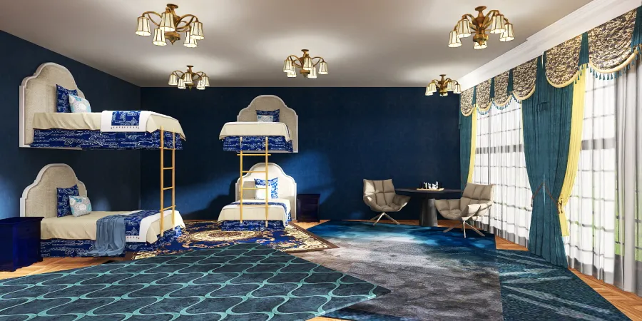 a room with a blue carpet and a blue rug 