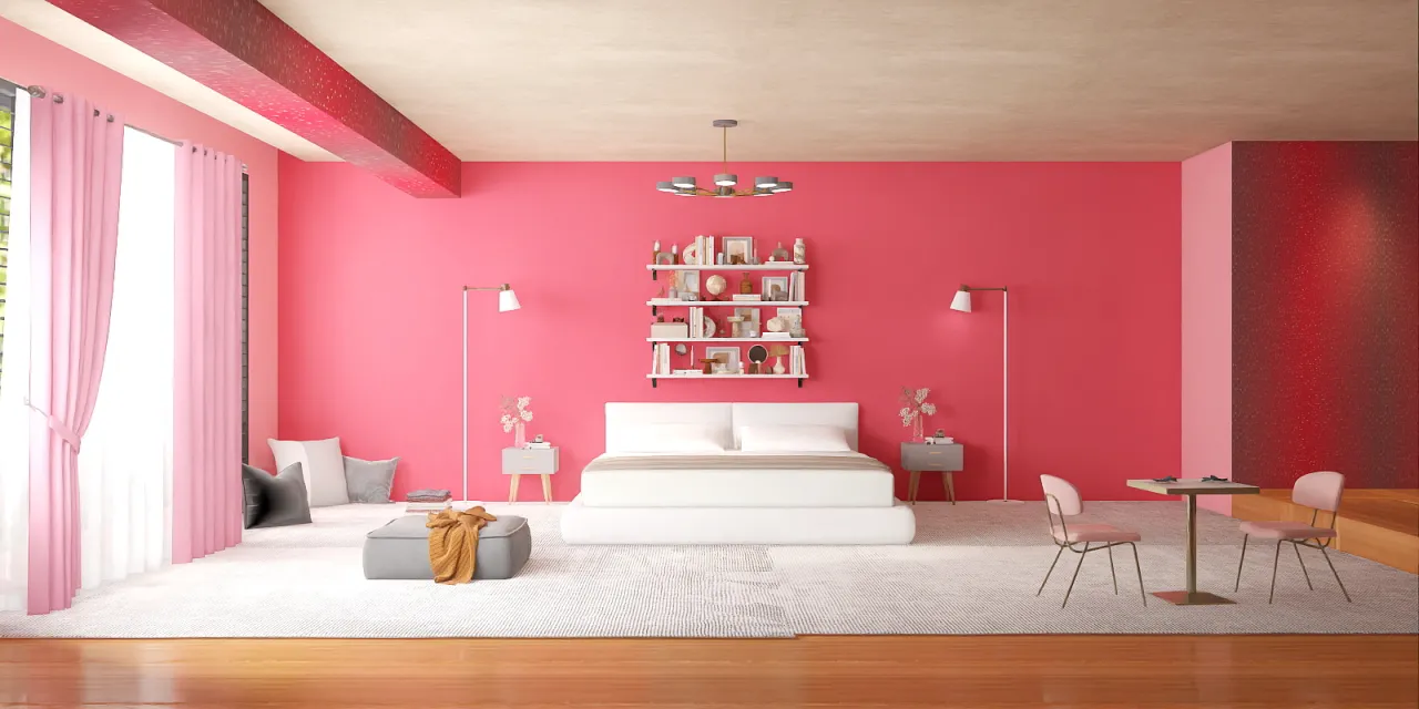 a living room with a red couch and a red wall 