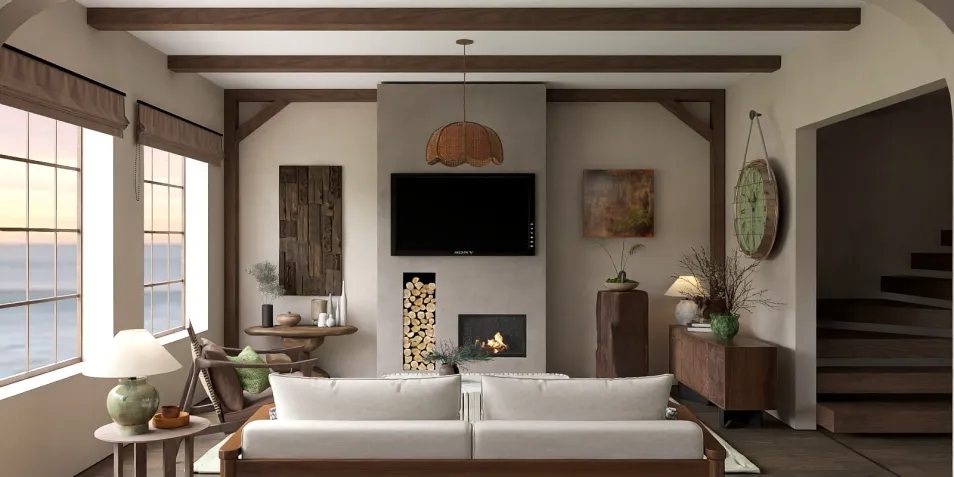 modern living room with cozy fireplace showcasing smart furniture arrangement in warm tones, featuring Homestyler's real-time 3D rendering for an immersive design preview