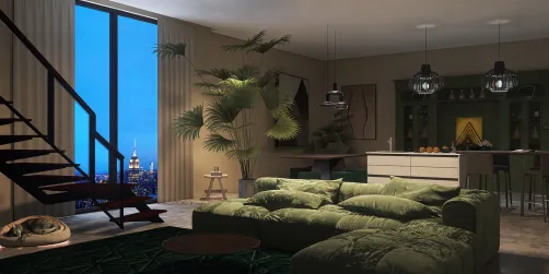 dark green kitchen-living 
