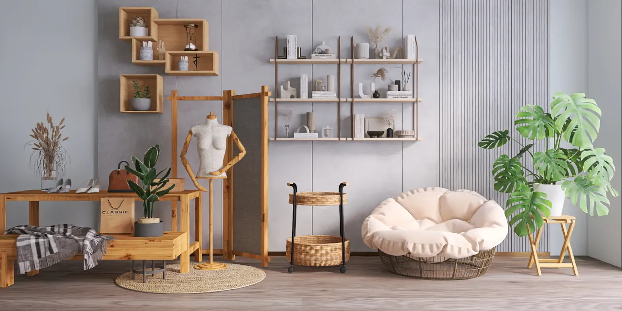 a living room with a table and a vase 