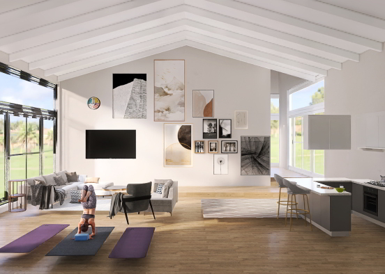 Modern living room & kitchen Design Rendering