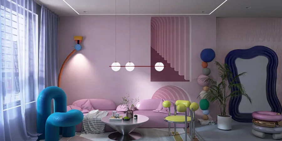 a living room with a pink couch and a pink table 