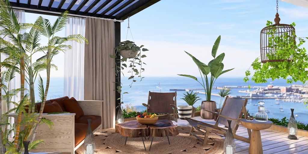 a patio with a table and chairs and a balcony 