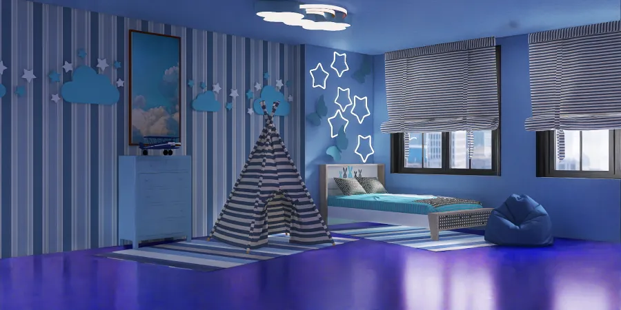 a room with a blue and white striped wall and a blue and white striped ceiling 