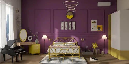 yellow and purple colour palette base bedroom 