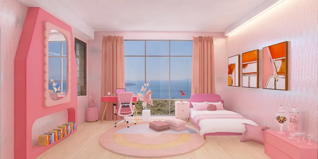 a small bedroom with a pink bed and a pink wall 