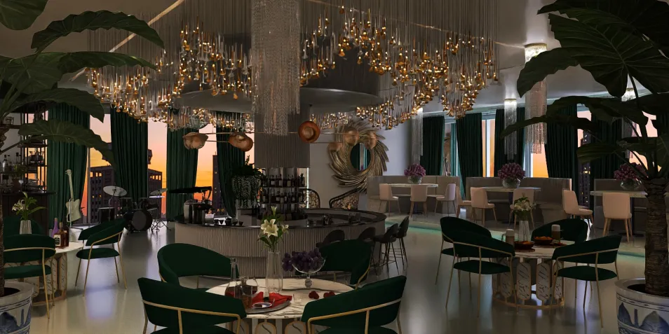 restaurant interior featuring elegant chandelier lighting with lush greenery design, showcasing a modern ambiance for interior decor optimization using Homestyler's real-time 3D rendering feature.