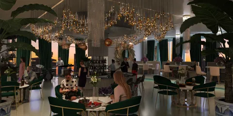elegantly designed restaurant interior featuring luxurious chandelier lighting and greenery accents with a contemporary style, showcasing the Homestyler's real-time 3D rendering feature.