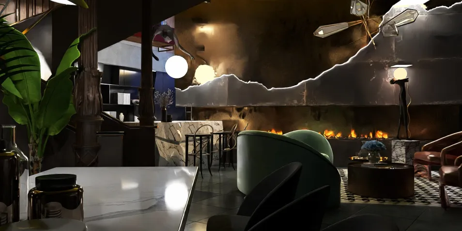 modern lounge area featuring an elegant seating arrangement and artistic decor, showcasing a cozy atmosphere with a focus on interior design, utilizing Homestyler's real-time 3D rendering feature for enhanced visualization.