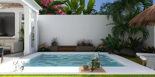swimming pool area featuring a small pool surrounded by tropical plants and a thatched roof umbrella in a modern outdoor oasis design; includes elements of landscape with optimized outdoor space for relaxation using Homestyler's real-time 3D rendering function.