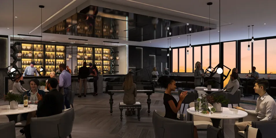 restaurant interior showcasing elegant dining arrangements and a bar area with sunset views, featuring interior design optimization using Homestyler's real-time 3D rendering functionality.