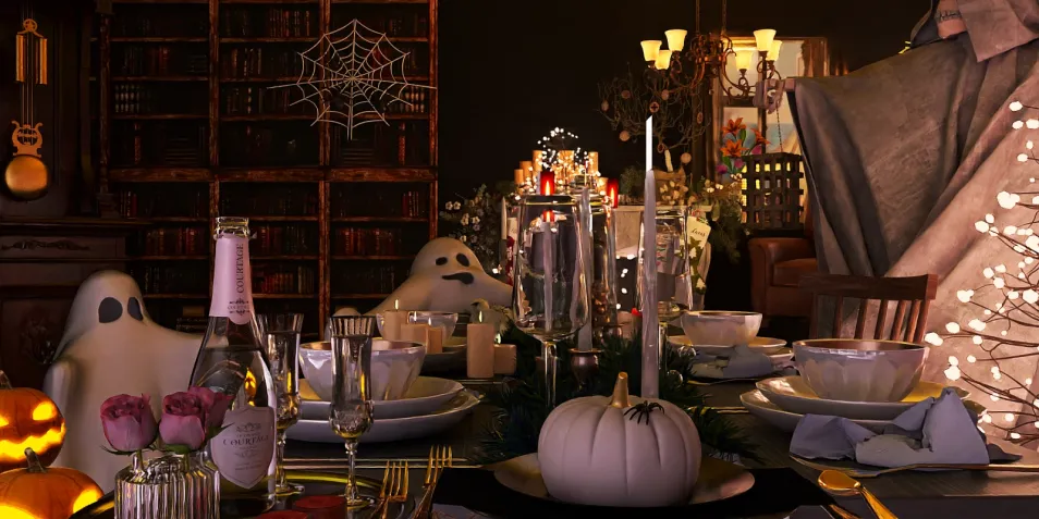 A beautifully arranged Halloween dining table featuring ghost decorations, pumpkins, candles, and elegant tableware, showcasing interior decor for seasonal celebrations with homestyler's real-time 3D rendering.