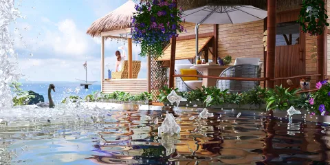 luxurious poolside setting featuring a spacious wooden deck with a thatched roof gazebo and vibrant vegetation, showcasing 3D interior design elements, emphasizing the use of Homestyler's real-time 3D rendering feature for enhanced design visualization.