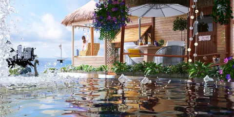 luxurious outdoor patio with a pool and tropical flowers, showcasing a relaxed atmosphere in an elegant coastal style, featuring Homestyler's real-time 3D rendering for design previews