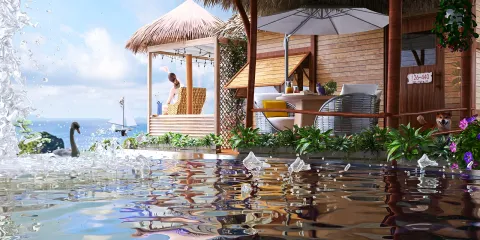 outdoor pool area featuring a thatched roof gazebo and lounge chairs overlooking a scenic view, designed for relaxation with tropical plants and water features, showcasing Homestyler's real-time 3D rendering capabilities