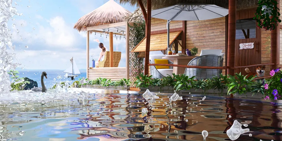 outdoor pool view with water splashes showcasing a tropical villa design, featuring a relaxing seating area, integrated with Homestyler's real-time 3D rendering for accurate interior decor representation.