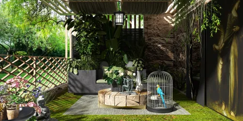 lush garden patio featuring a green seating area surrounded by plants and a decorative birdcage, designed in a modern style with a touch of nature, showcasing Homestyler's real-time 3D rendering for indoor-outdoor integration.