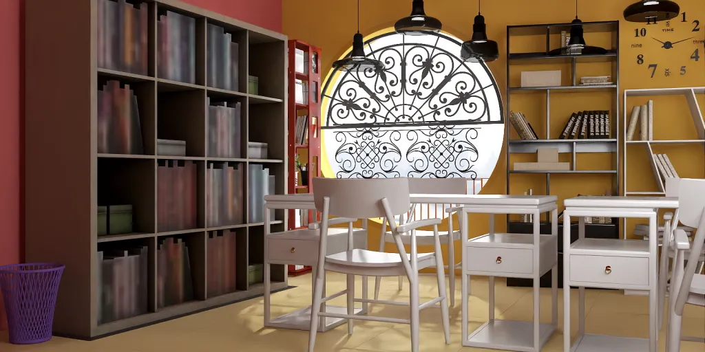 a room with a table, chairs, and a clock 