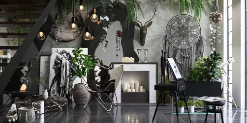 stylish living room featuring modern decor and lush green plants, showcasing a bohemian style with artistic wall art and cozy furniture, utilizing Homestyler's real-time 3D rendering for design visualization.