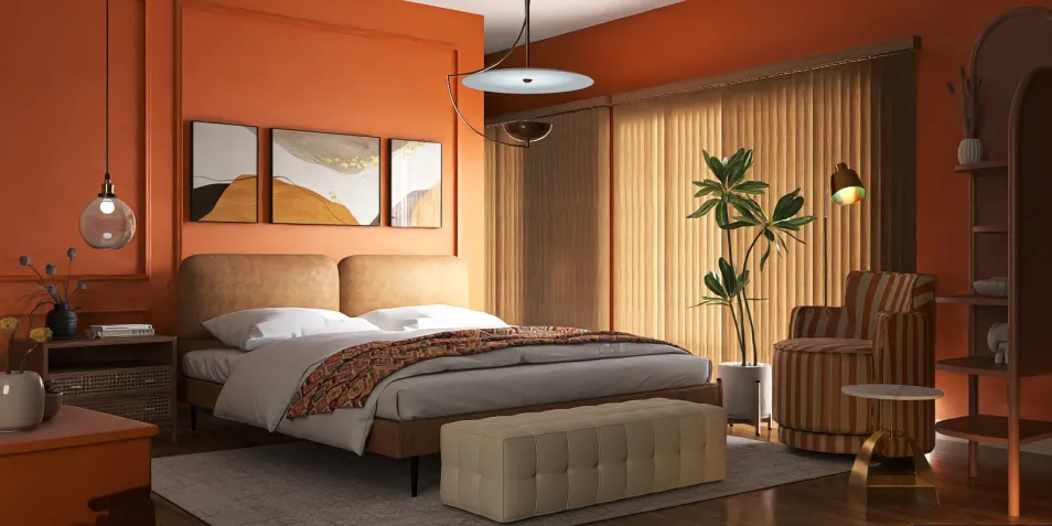 A modern bedroom featuring a cozy bed layout with warm orange walls and stylish furniture. The room showcases a blend of contemporary design with a comfortable seating area and decorative plants, highlighting interior decor concepts. Utilizing Homestyler's real-time 3D rendering feature for an effective design proposal preview.