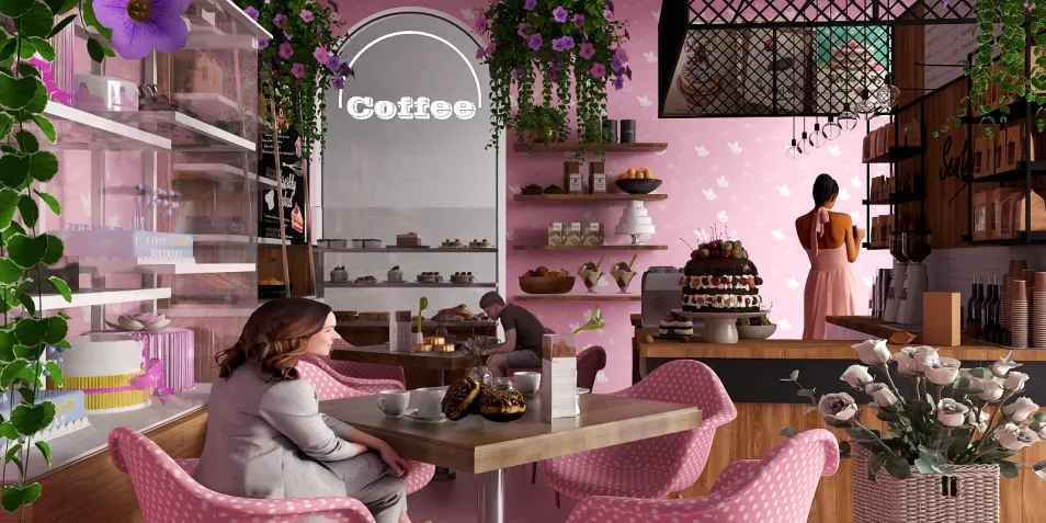 coffee shop interior design featuring cozy seating arrangement and decorative flowers, showcasing a warm and inviting atmosphere for an enjoyable dining experience, utilizing Homestyler's real-time 3D rendering for quick visualization.