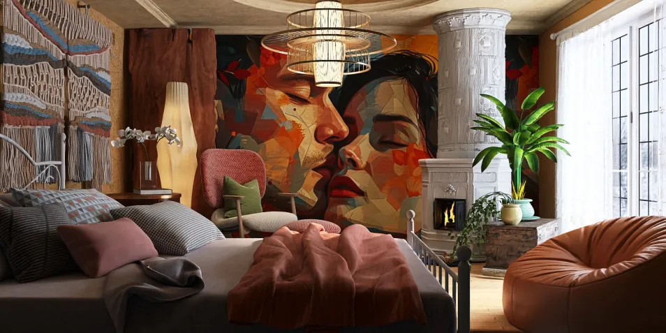cozy bedroom with a romantic mural design featuring a couple kissing, featuring modern furnishings and warm colors, showcasing the Homestyler real-time 3D rendering feature for quick design previews.