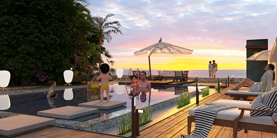 outdoor pool area with family enjoying sunset, modern tropical style, perfect for outdoor living and relaxation, featuring Homestyler's real-time 3D rendering functionality.