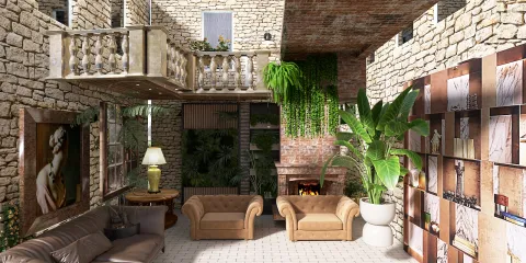 stone wall living room design featuring cozy seating and indoor plants with a warm ambiance, utilizing real-time 3D rendering for furniture placement optimization.