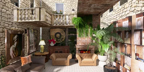 cozy stone living room with elegant furniture arrangement featuring smart layout and lush indoor plants, showcasing interior decor ideas, powered by Homestyler's real-time 3D rendering feature.