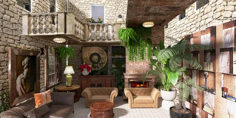 stone walled living room with rustic furniture arrangement showcasing a cozy atmosphere and lush greenery, featuring Homestyler's real-time 3D rendering for effective design proposal display.