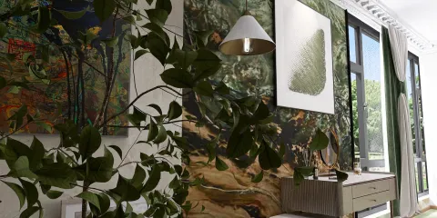 a modern living room featuring a stylish desk and decorative wall art with plants, showcasing a contemporary design; ideal for interior decor enthusiasts utilizing Homestyler's real-time 3D rendering for design proposal display.