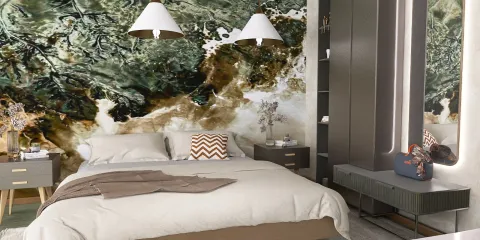 Modern bedroom design featuring a stylish bed with decorative pillows, complemented by a unique textured wall art; perfect for enhancing interior aesthetics with Homestyler's real-time 3D rendering.