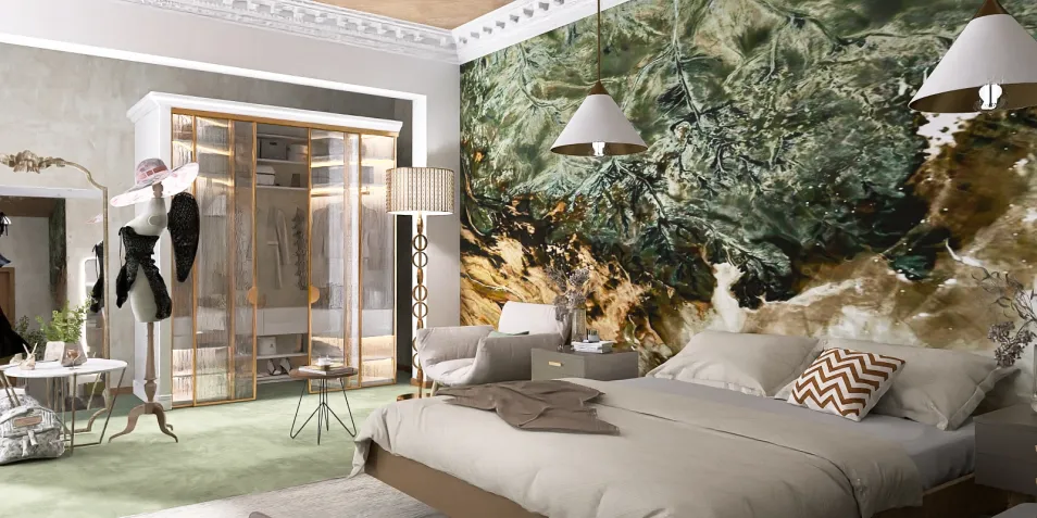 stylish bedroom featuring a glossy abstract mural on the wall, showcasing modern interior design with comfortable bedding and elegant decor, utilizing Homestyler's real-time 3D rendering for an immersive experience.