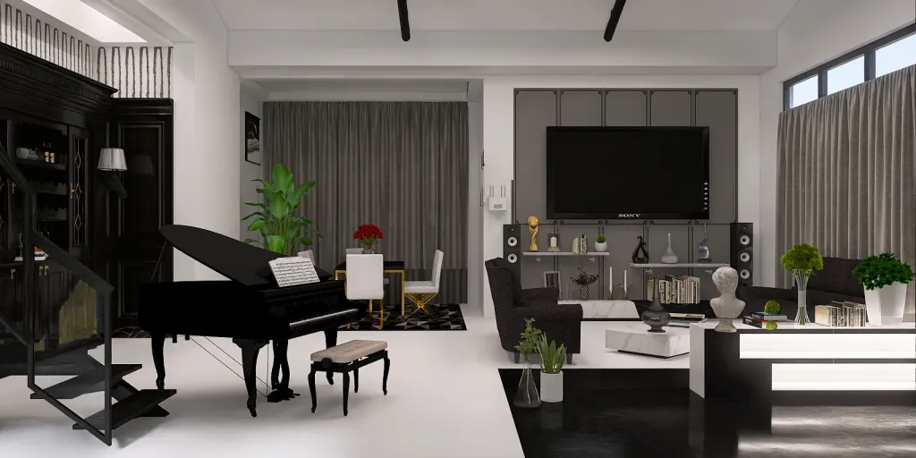 a living room with a piano and a large window 