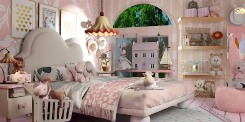 Cozy children's bedroom with soft pastel colors and plush toys, showcasing a whimsical design style that emphasizes comfort and playfulness. Features Homestyler's real-time 3D rendering capability for an immersive interior design experience.