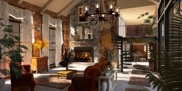 cozy living room featuring a stone fireplace and elegant chandelier, showcasing rustic charm and modern comfort, optimized for interior decor in Homestyler with real-time 3D rendering.