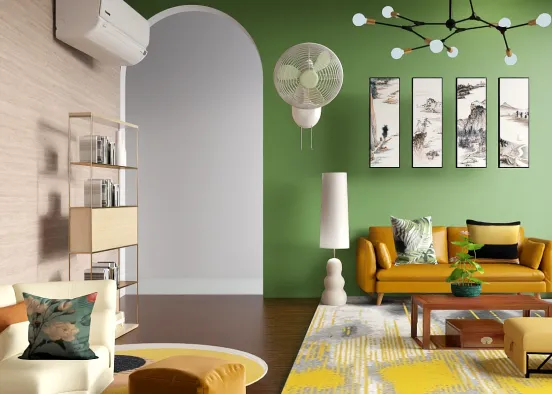 Green-Yellow Themed Living Room Design Rendering