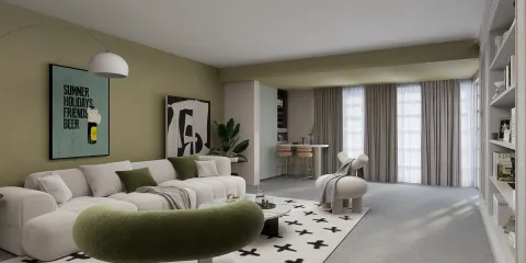 living room with modern furniture arrangement showcasing a cozy design style, featuring a green accent wall and a stylish rug, highlighting Homestyler's real-time 3D rendering capability.
