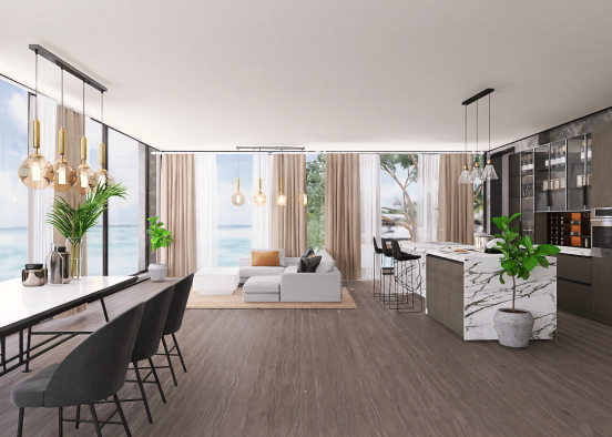 Modern open space and kitchen Design Rendering