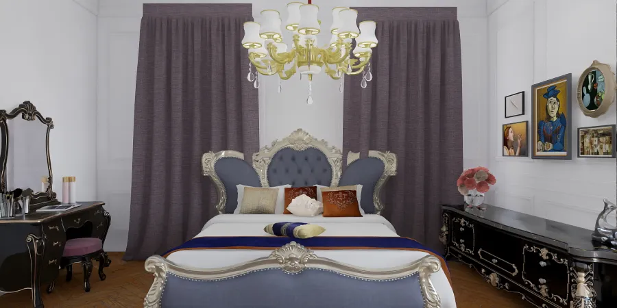 a bed with a white comforter and a large mirror 