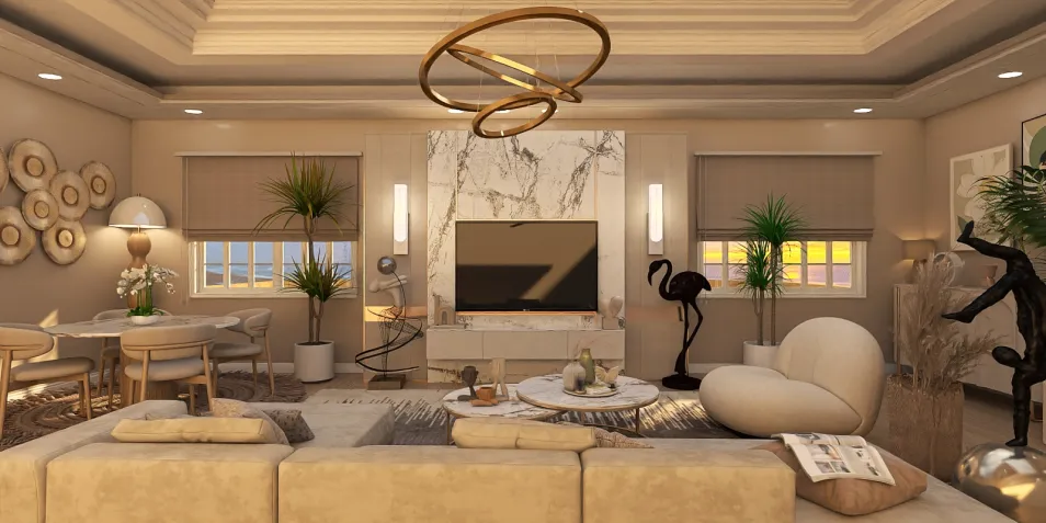 modern living room design featuring a spacious layout with elegant furniture arrangement and a neutral color palette, showcasing Homestyler's real-time 3D rendering feature for an immersive interior decor experience.