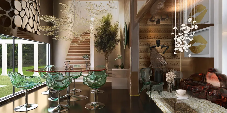 modern dining area with glass stools and artistic decor featuring a stylish staircase and greenery design, showcasing interior decor inspiration using Homestyler's real-time 3D rendering feature.