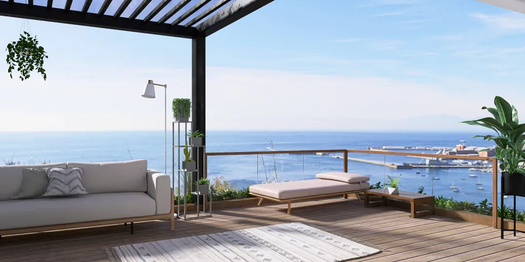 a large balcony overlooking a beach with a view of the ocean 